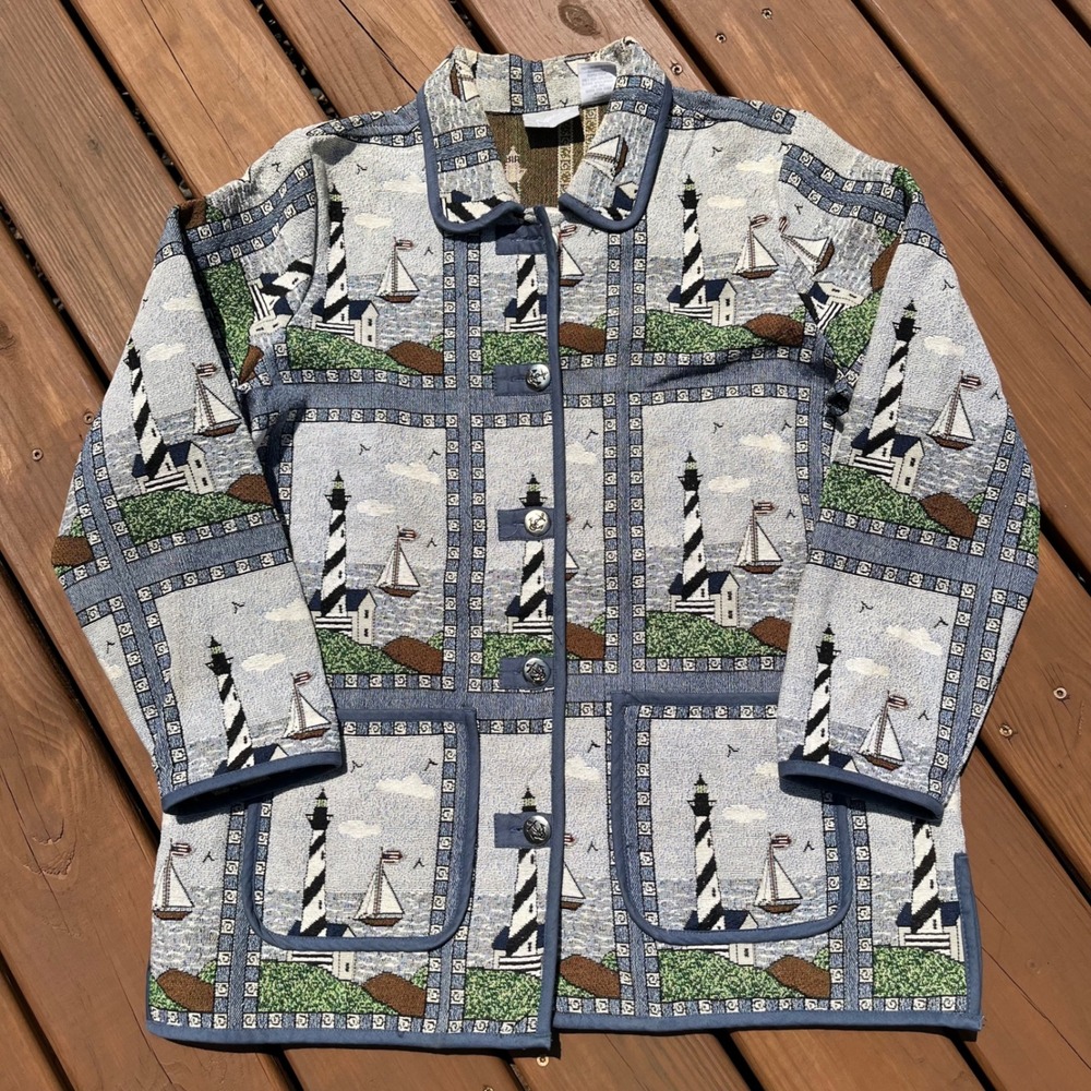Blair Tapestry Jacket Blue Lighthouse Cape Cod Nautical Coastal Womens XL
